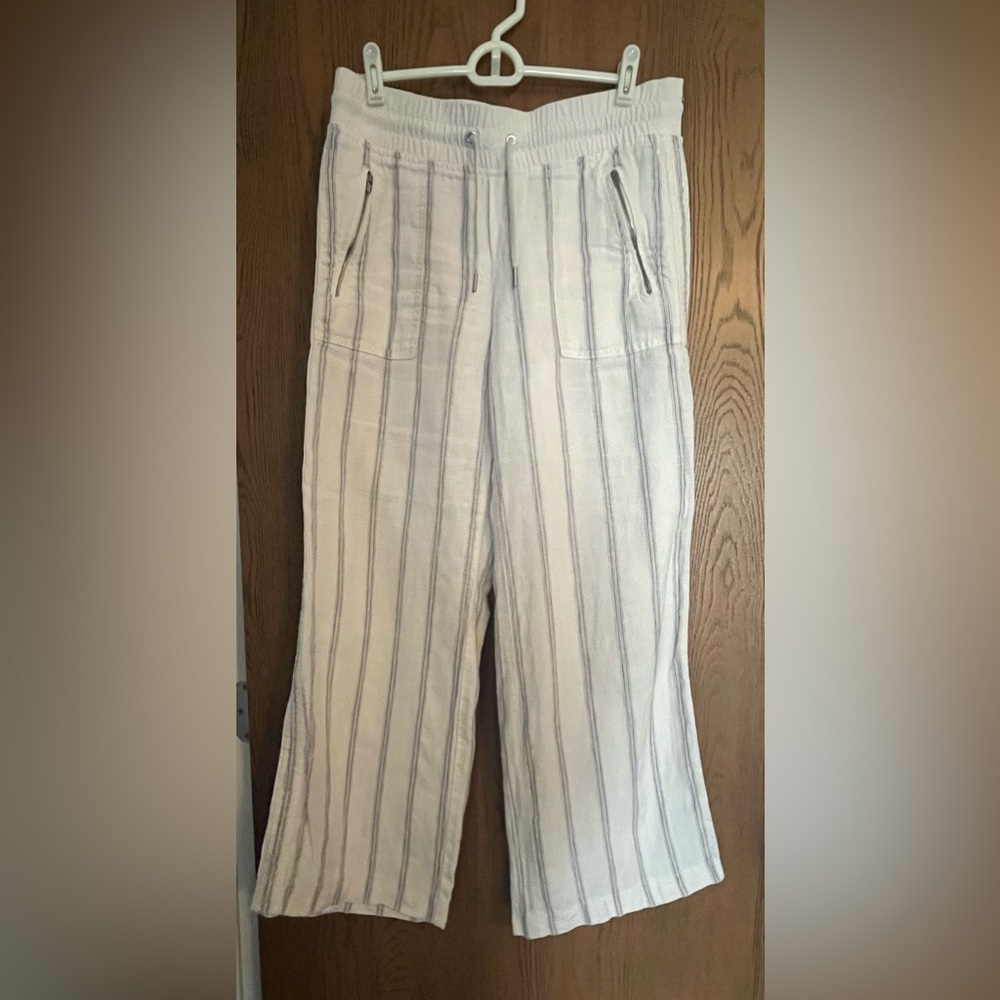 ATHLETA Linen Creamand Gray Striped Pants